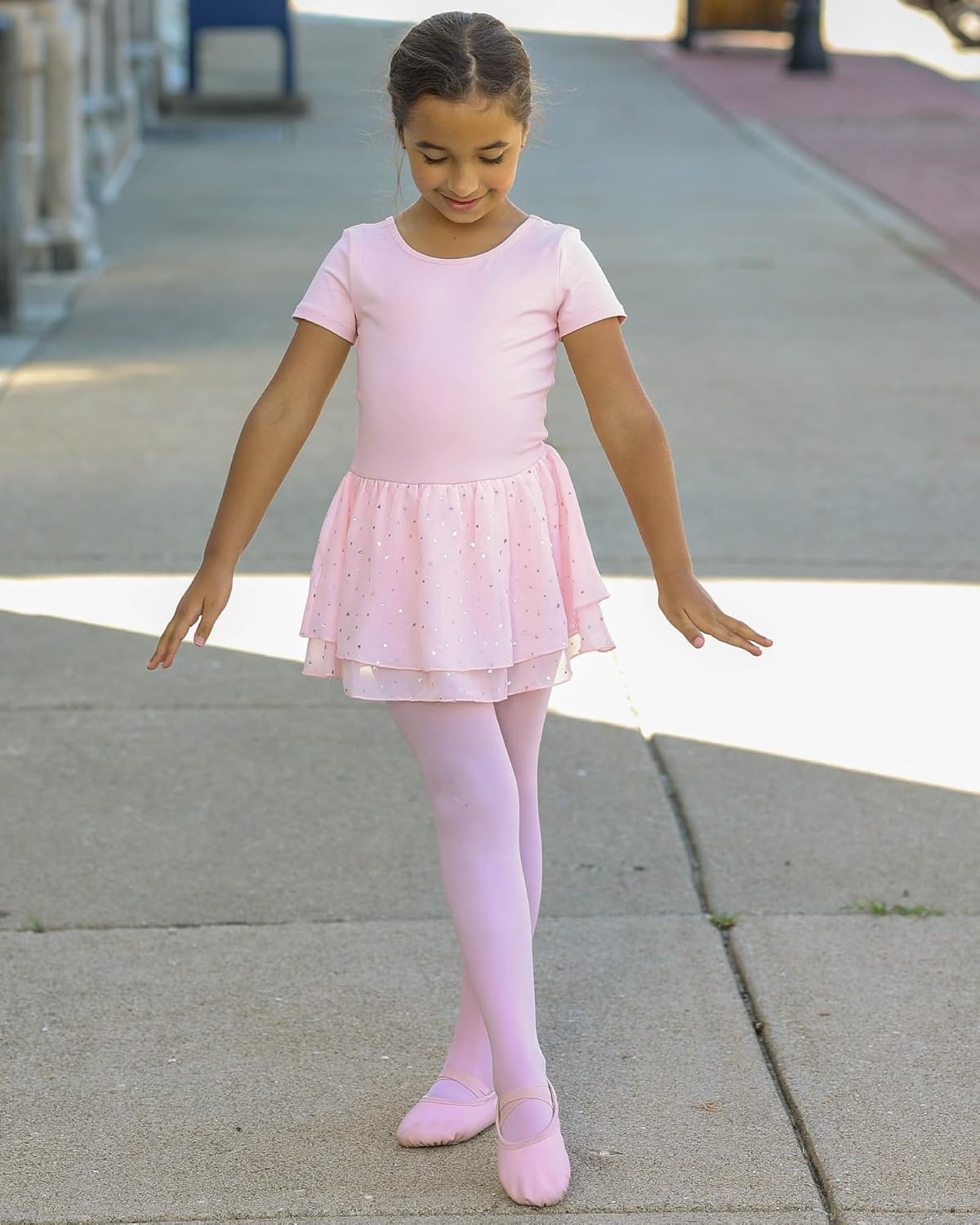 Stelle Ballet Leotards for Girls Short Sleeve Dance Leotards with Double-Layer Sequin Skirt Ballerina Costumes Dress(Ballet Pink)
