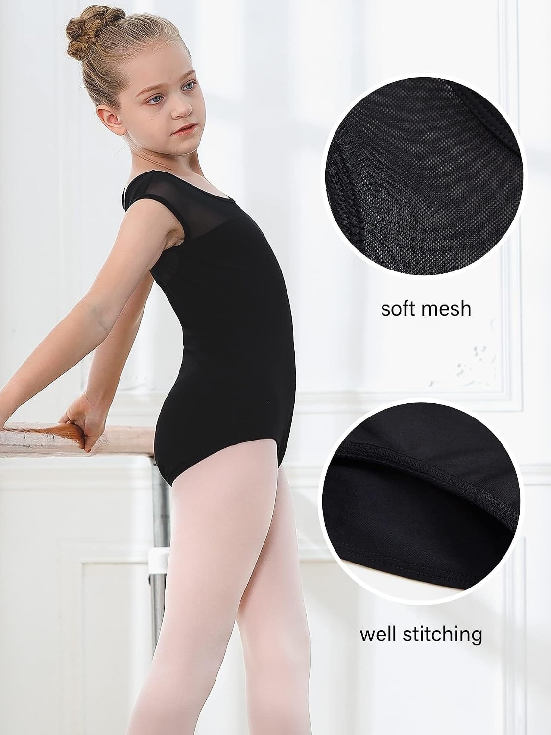 Stelle Leotards for Girls Ballet Dance Leotard Mesh Short Sleeve Gymnastics Outfits for Toddler/Little/Big Kids(Black (Mesh Cap Sleeves))