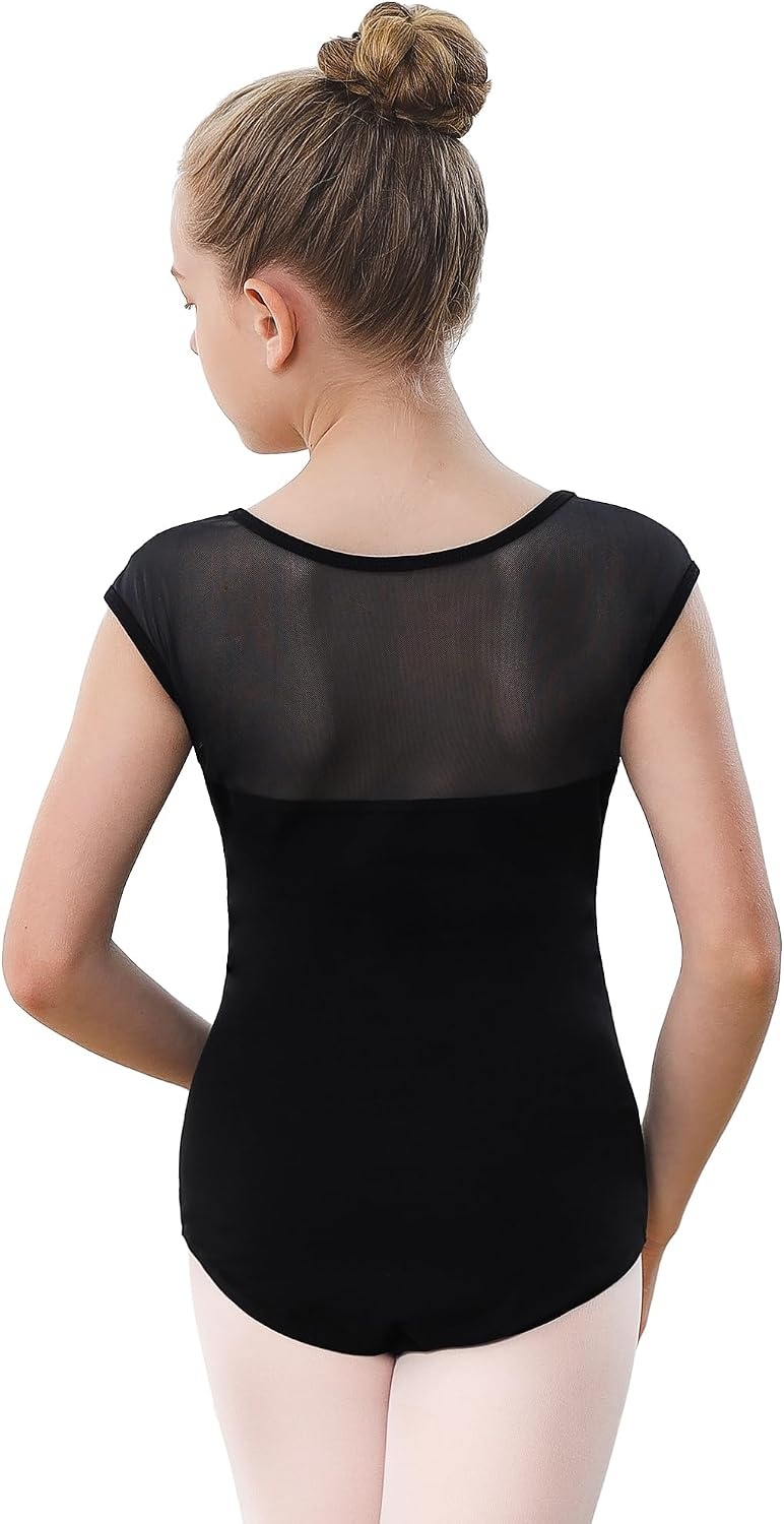 Stelle Leotards for Girls Ballet Dance Leotard Mesh Short Sleeve Gymnastics Outfits for Toddler/Little/Big Kids(Black (Mesh Cap Sleeves))