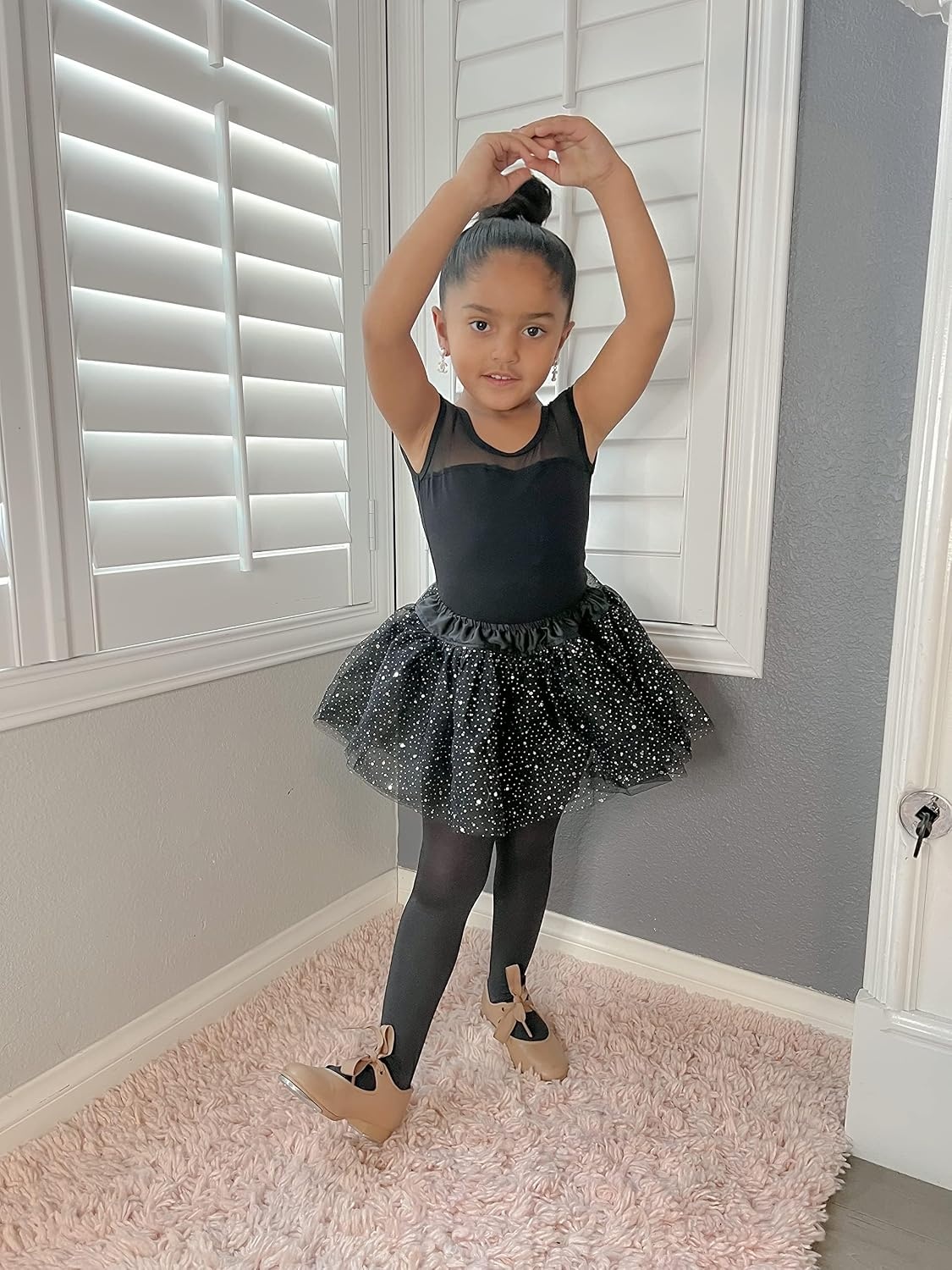 Stelle Leotards for Girls Ballet Dance Leotard Mesh Short Sleeve Gymnastics Outfits for Toddler/Little/Big Kids(Black (Mesh Cap Sleeves))