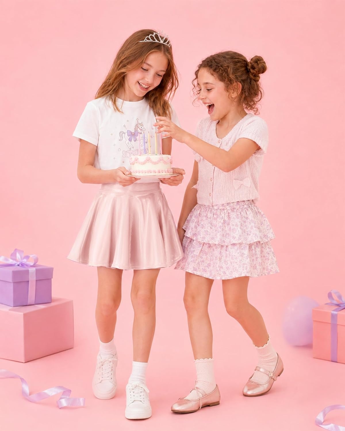 Stelle Girls Metallic Skirt with Short High Waisted Skort 6-15 Years(Pink)