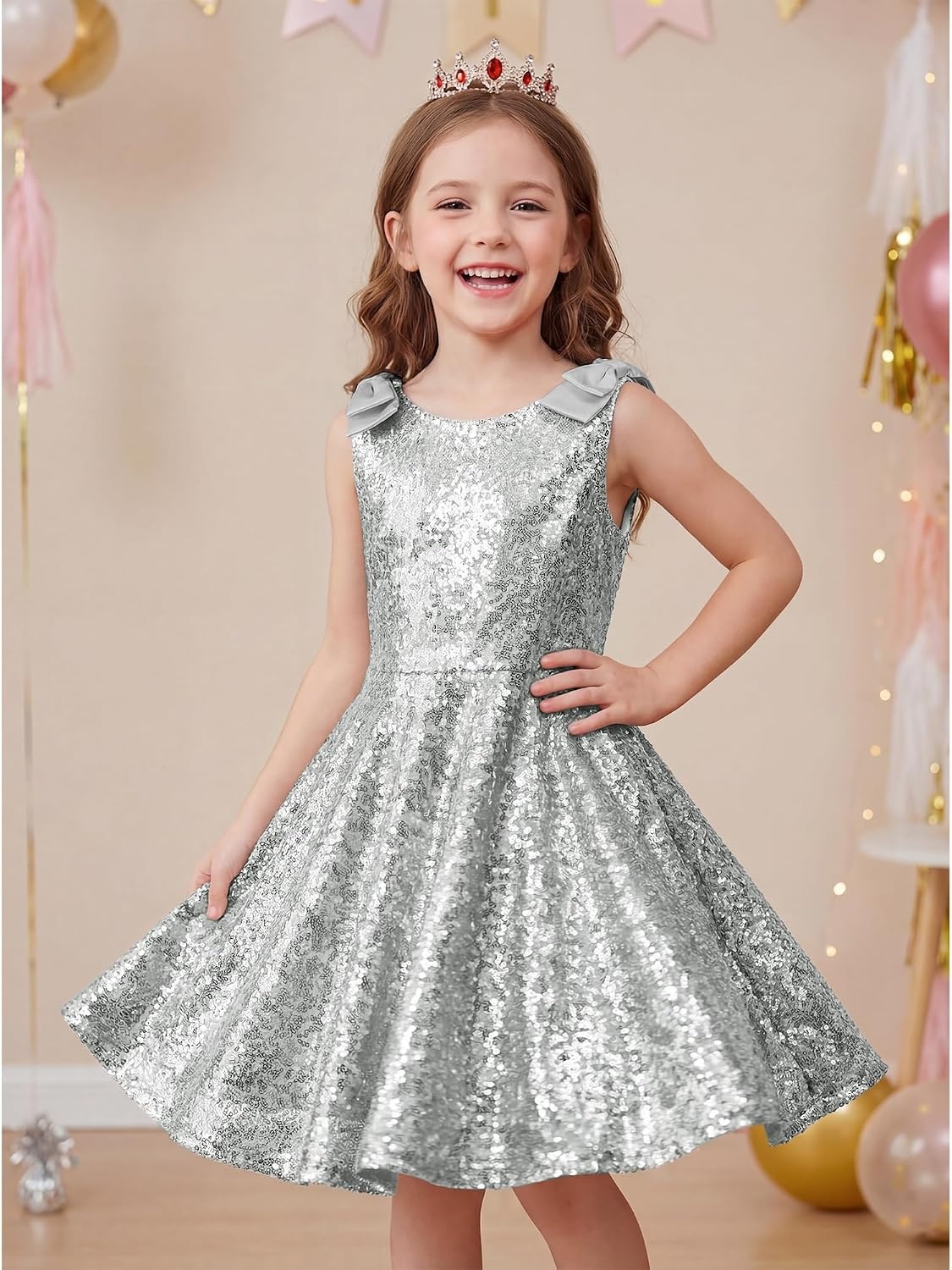 Stelle Girls Sequin Dress Sleeveless A-Line Sparkly Dresses 5-15 Y | Bow on Shoulder, Zipper Back,Fully Lining,Scoop Neck,Twirly,Birthday Formal Party Fancy Graduation Wedding Christmas Holiday(Siliver)