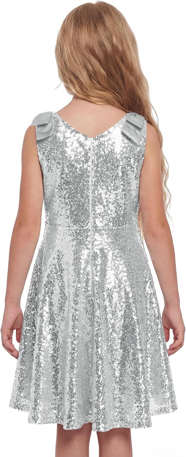 Stelle Girls Sequin Dress Sleeveless A-Line Sparkly Dresses 5-15 Y | Bow on Shoulder, Zipper Back,Fully Lining,Scoop Neck,Twirly,Birthday Formal Party Fancy Graduation Wedding Christmas Holiday(Siliver)