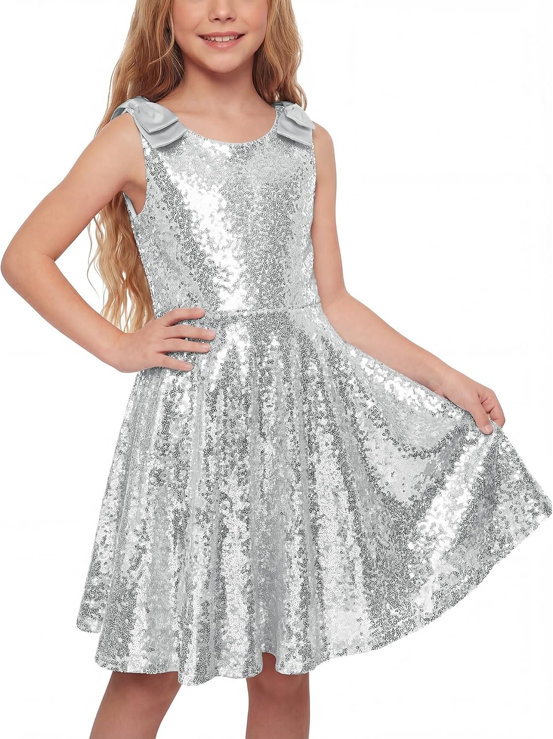 Stelle Girls Sequin Dress Sleeveless A-Line Sparkly Dresses 5-15 Y | Bow on Shoulder, Zipper Back,Fully Lining,Scoop Neck,Twirly,Birthday Formal Party Fancy Graduation Wedding Christmas Holiday(Siliver)