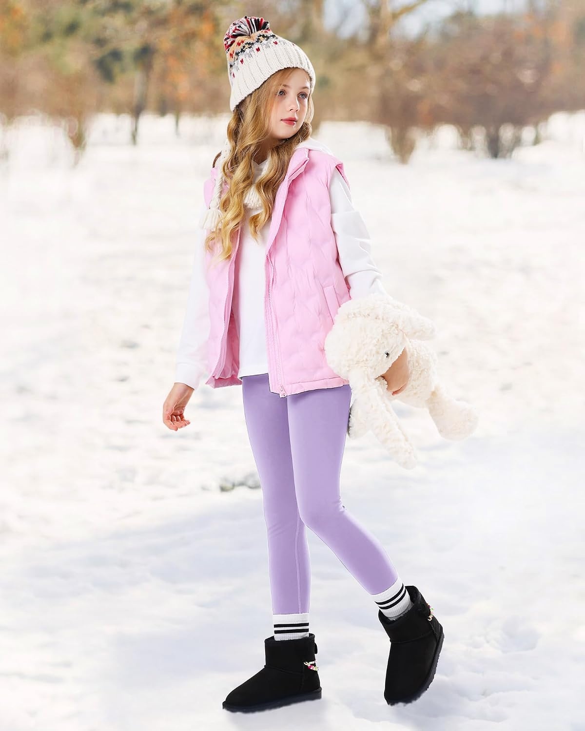 Stelle Girls Fleece Lined Leggings with Hidden Pocket High Waisted 2 Packs(Lilac)