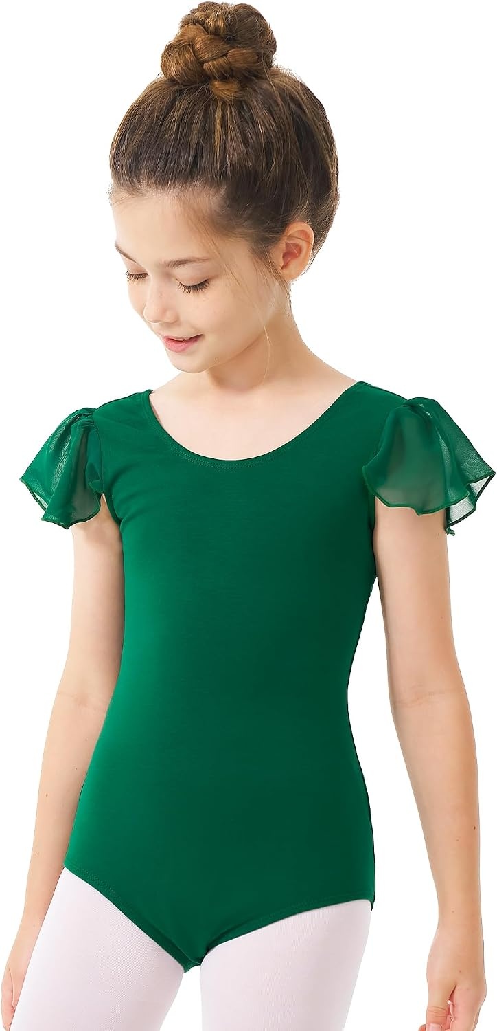 Stelle Girls Ballet Leotard Ruffle Short Sleeve for Dance Gymnastics(Green)