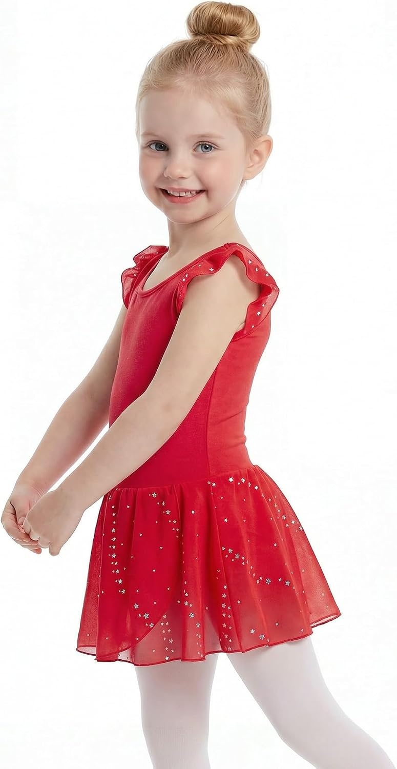 Stelle Girls Flutter Sleeve Ballet Leotards Toddler Shimmering Dance Outfits Sequin Tutu Skirted Leotard Ballerina Dress(Red)