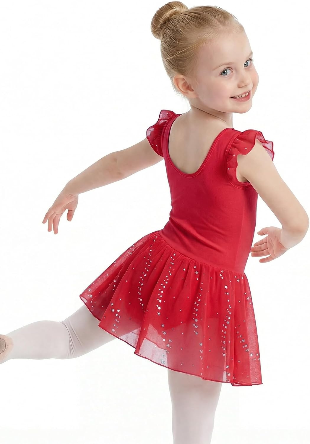 Stelle Girls Flutter Sleeve Ballet Leotards Toddler Shimmering Dance Outfits Sequin Tutu Skirted Leotard Ballerina Dress(Red)