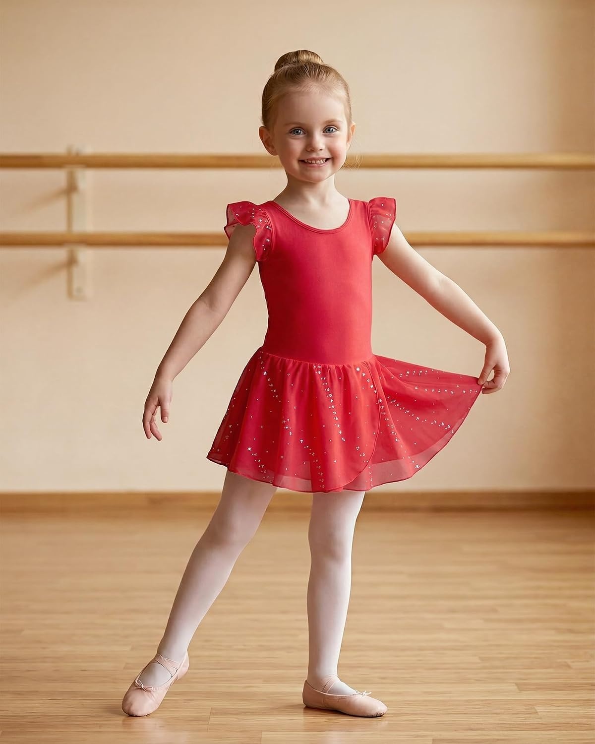 Stelle Girls Flutter Sleeve Ballet Leotards Toddler Shimmering Dance Outfits Sequin Tutu Skirted Leotard Ballerina Dress(Red)