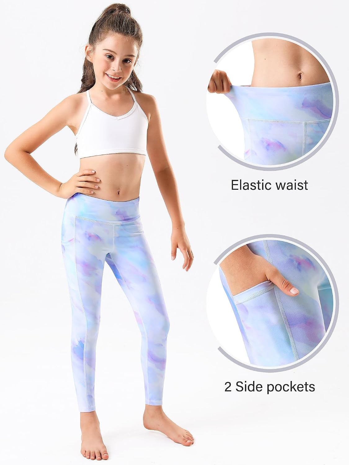 Stelle Girls Leggings with Pockets Kids Dance Yoga Running Athletic Pants | Soft 4-Way Stretch,High-Rise Wide Waistband,Side Pockets,Moisture-Wicking,Non-See-Through for Dance,Yoga,Running,Daily Wear(Lilac Sky)