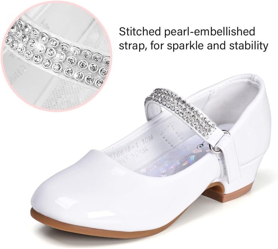 Stelle Girls Mary Jane Dress Shoes Low Heel Glitter Patent Bow Kids Party Wedding Flower Girl School Shoes(Toddler/Little/Big Kid)(Classic Patent-white)