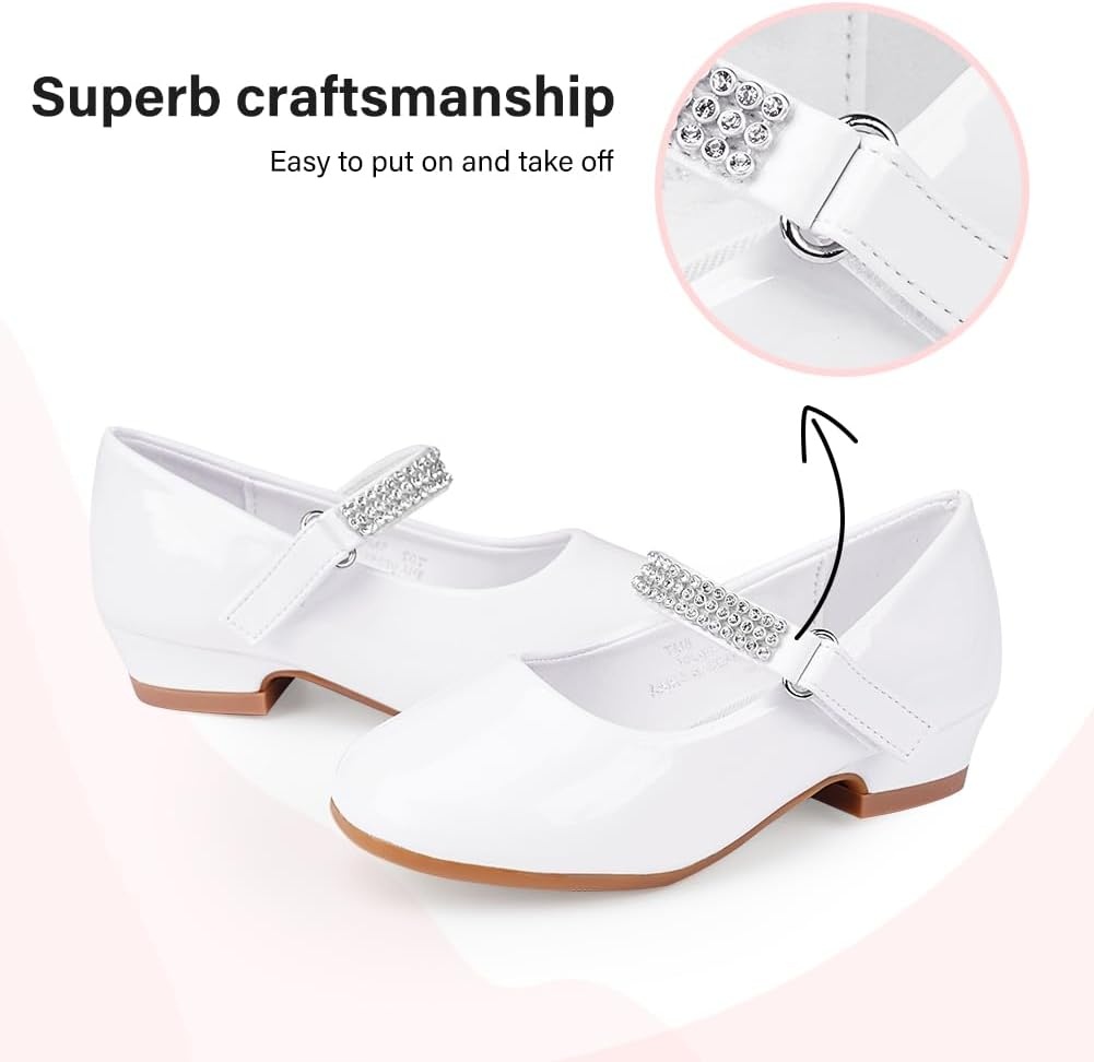 Stelle Girls Mary Jane Dress Shoes Low Heel Glitter Patent Bow Kids Party Wedding Flower Girl School Shoes(Toddler/Little/Big Kid)(Classic Patent-white)