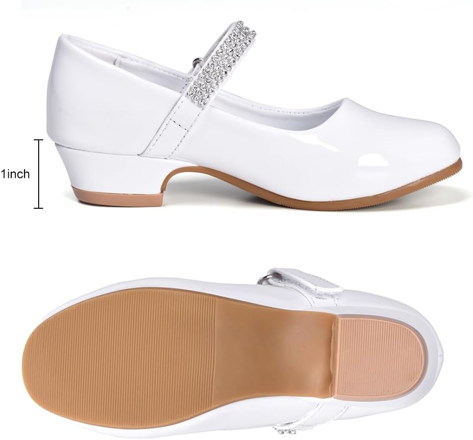 Stelle Girls Mary Jane Dress Shoes Low Heel Glitter Patent Bow Kids Party Wedding Flower Girl School Shoes(Toddler/Little/Big Kid)(Classic Patent-white)