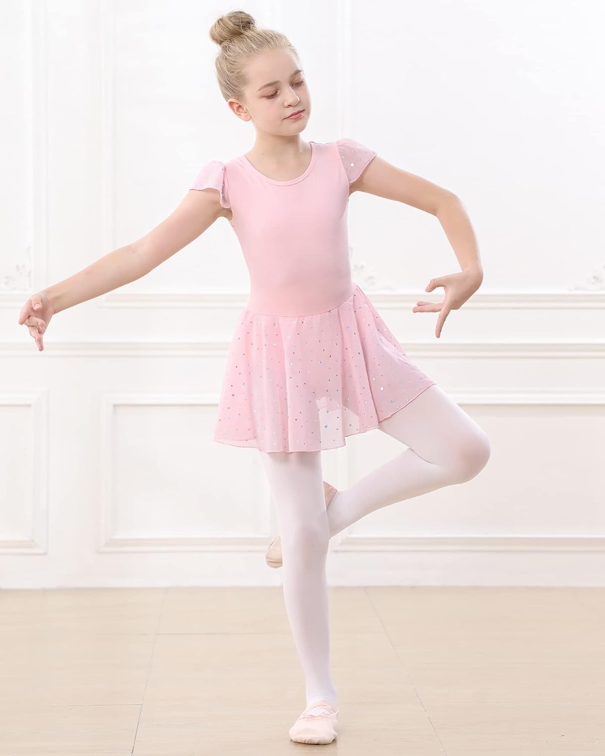 Stelle Ballet Leotards for Girls Dance Leotard with Skirt Kids Dance Dress | Ballet Dress for Toddler Girls, Ruffle Sleeve, Chiffon Skirt, Dance Costume for Performances, Birthday Party, Daily Wear(1-ballet Pink(shiny Skirt))