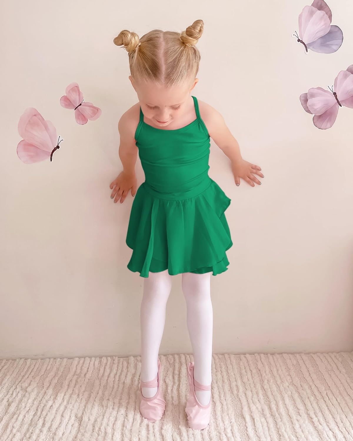 Stelle Toddler Ballet Outfit for Girls Sleeveless Gymnastics Dance Leotard | Camisole Leotards for Girls with Skirt, Spaghetti Strap, Soft Stretch Fabric, Dance Studio, Gymnastics, Outdoor Daily Wear(Style 1-green)