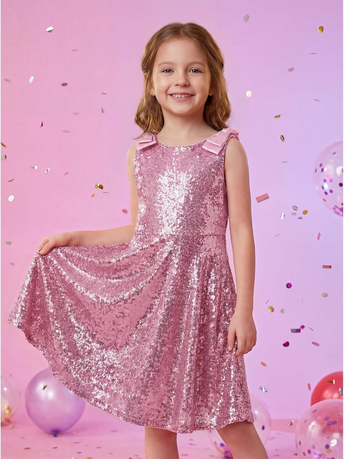 Stelle Girls Sequin Dress Sleeveless A-Line Sparkly Dresses 5-15 Y | Bow on Shoulder, Zipper Back,Fully Lining,Scoop Neck,Twirly,Birthday Formal Party Fancy Graduation Wedding Christmas Holiday(Pink)