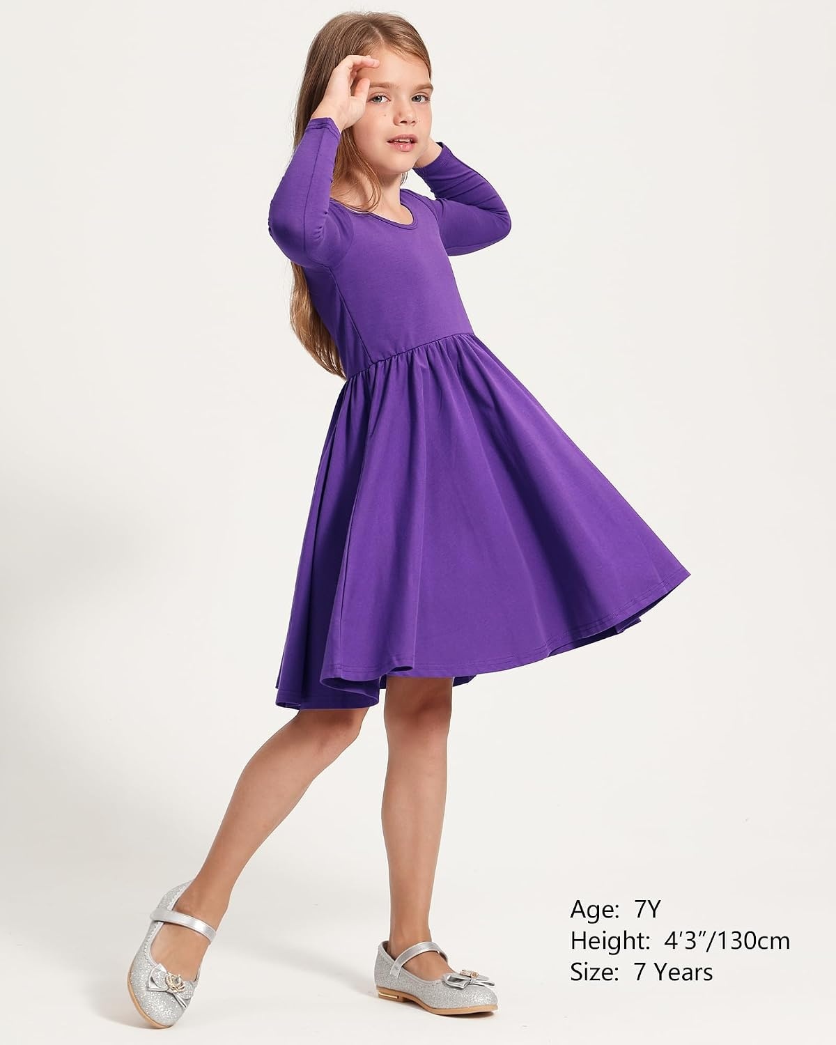 Stelle Long Sleeve Girls Dress Toddler Dresses Skater Twirl Cotton A-Line Dress for School Casual | Criss Cross Back,Crew Neck,High Waist,Spinny Swing,Stretchable,Spring Fall Winter,Casual School Birthday Dance(Purple)