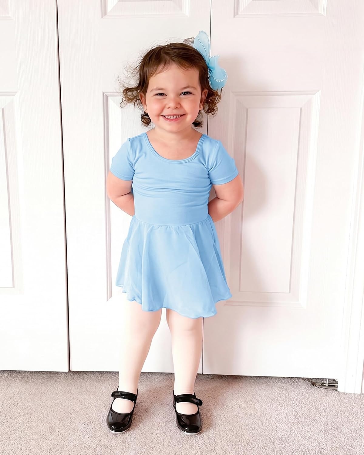 Stelle Ballet Leotards for Girls Toddler Ballet Outfit Dance Leotard Dress | Ballerina Outfit Dress, Criss-Cross & Bow Back, Soft Stretch Fabric, Short Sleeve, Dance Recital, Gymnastics, Performance(Style 2-blue (Bow Back))