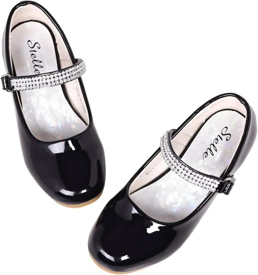 Stelle Girls Mary Jane Dress Shoes Low Heel Glitter Patent Bow Kids Party Wedding Flower Girl School Shoes(Toddler/Little/Big Kid)(Classic Patent-black)