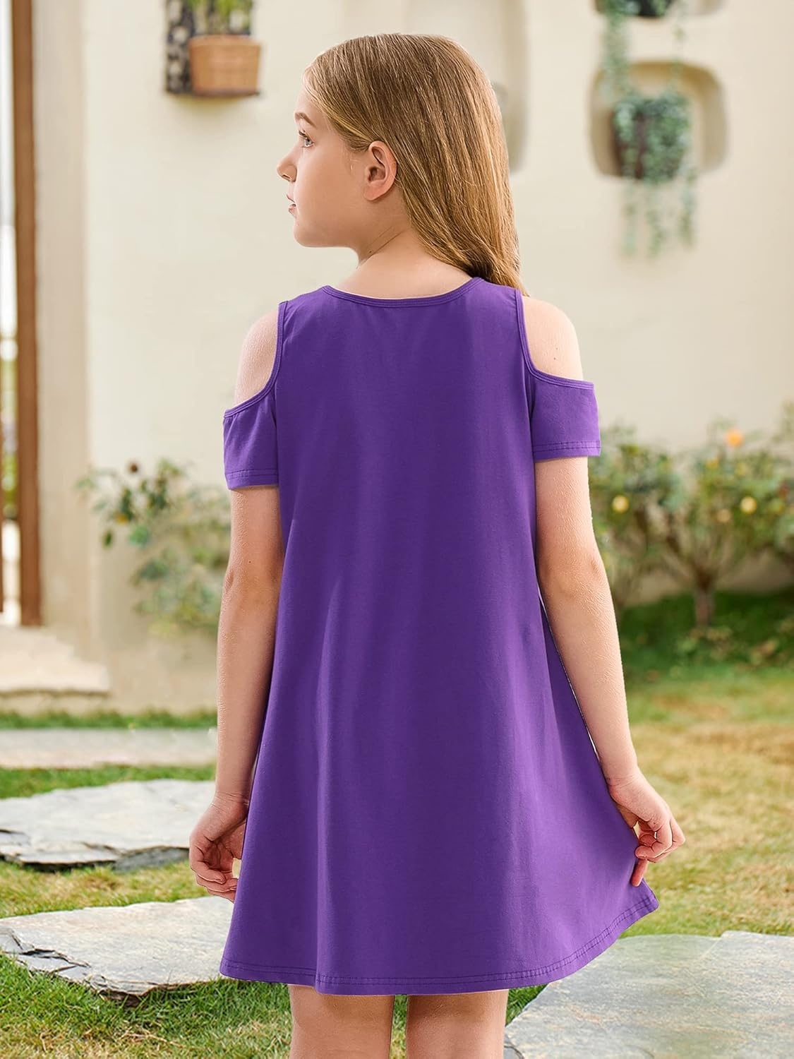 Stelle Girls Cotton Short Sleeve Twirl Skater Dress 3T-12Y | Twirl-Friendly Skirt, A Line,Criss Cross Back,Dress for School,Dance,Playwear,Casual,Active,Soft Stretch Breathable Comfy(Cd001-purple-cold Shoulder)
