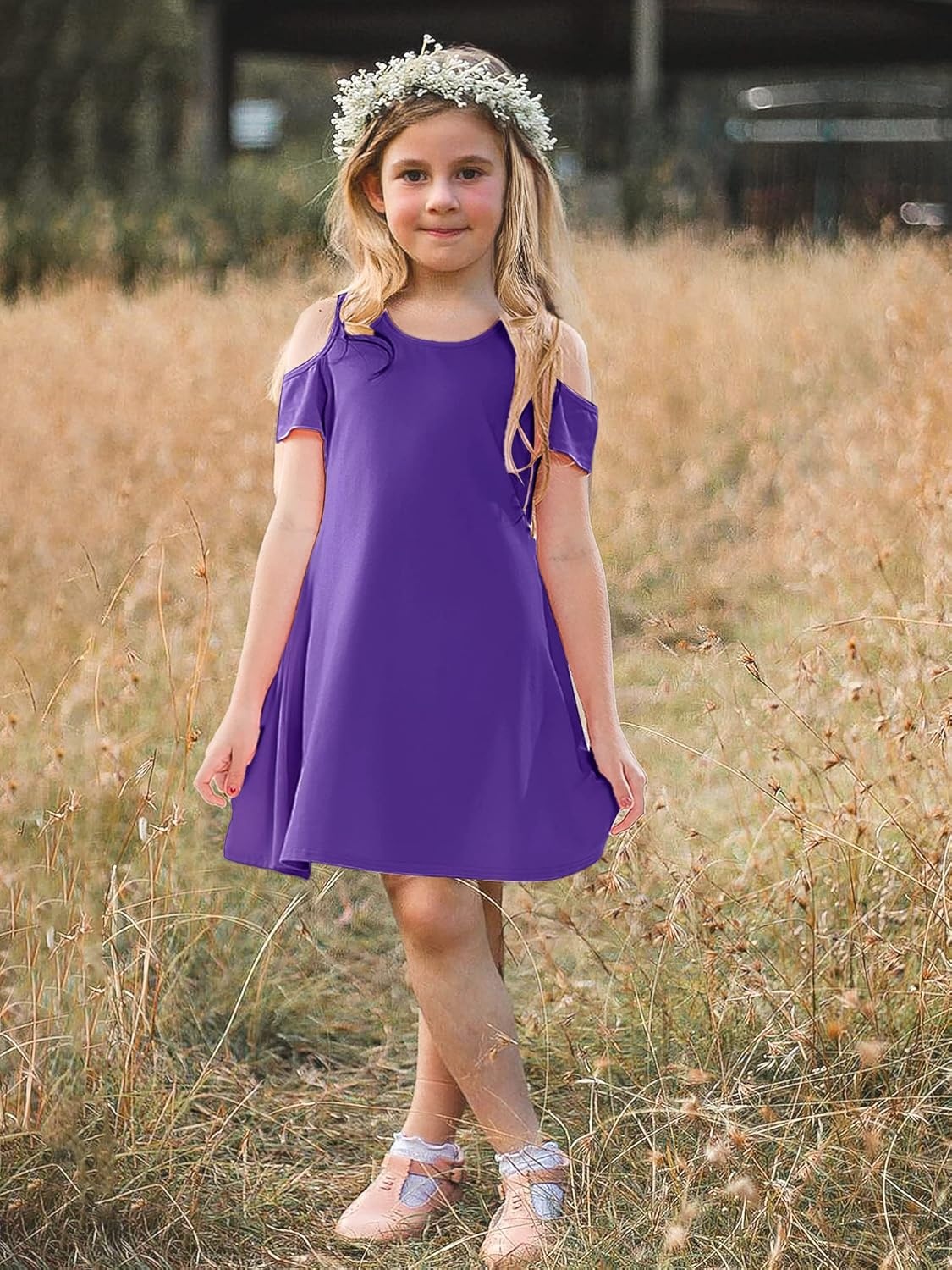 Stelle Girls Cotton Short Sleeve Twirl Skater Dress 3T-12Y | Twirl-Friendly Skirt, A Line,Criss Cross Back,Dress for School,Dance,Playwear,Casual,Active,Soft Stretch Breathable Comfy(Cd001-purple-cold Shoulder)
