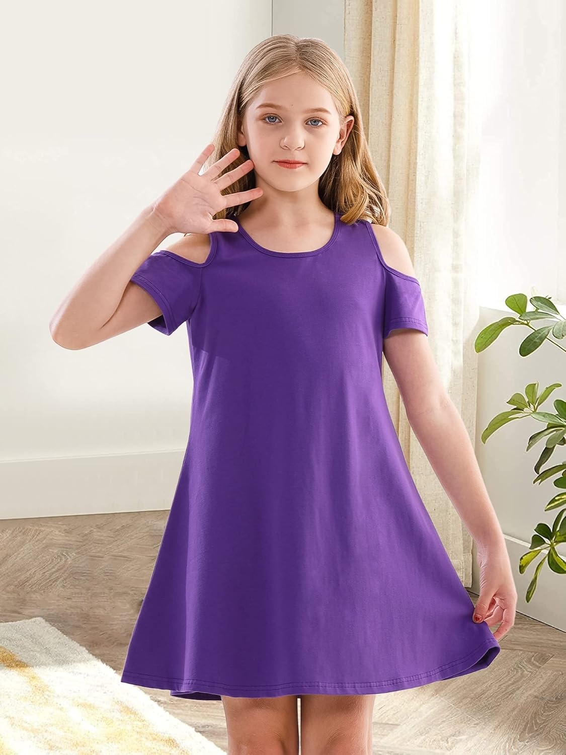 Stelle Girls Cotton Short Sleeve Twirl Skater Dress 3T-12Y | Twirl-Friendly Skirt, A Line,Criss Cross Back,Dress for School,Dance,Playwear,Casual,Active,Soft Stretch Breathable Comfy(Cd001-purple-cold Shoulder)
