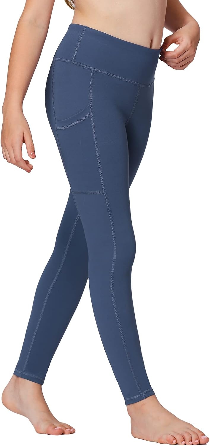 Stelle Girls Leggings with Pockets Kids Dance Yoga Running Athletic Pants | Soft 4-Way Stretch,High-Rise Wide Waistband,Side Pockets,Moisture-Wicking,Non-See-Through for Dance,Yoga,Running,Daily Wear(Dark Slate Blue (2 Side Pocket))