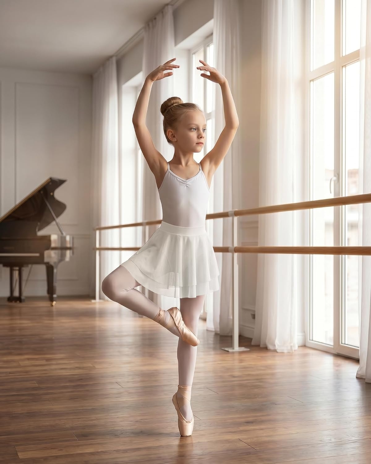 Stelle Girls Ballet Skirt Pull On High Waist Dance Wrap Skirt Layered Ruffle Chiffon Skirt Kid Toddler Ballerina Clothes(White)
