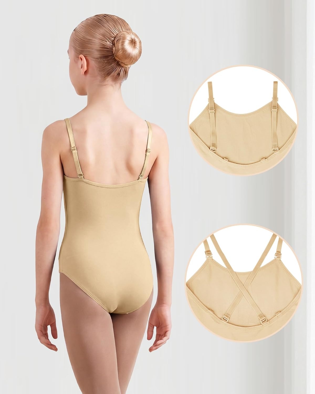 Stelle Girls Seamless Camisole Leotard with Convertible Tights | Both clothing-colored and clear detachable straps, 2-In-1 Convertible Tights, Fully lined front, High elasticity & durable(Light Nude)