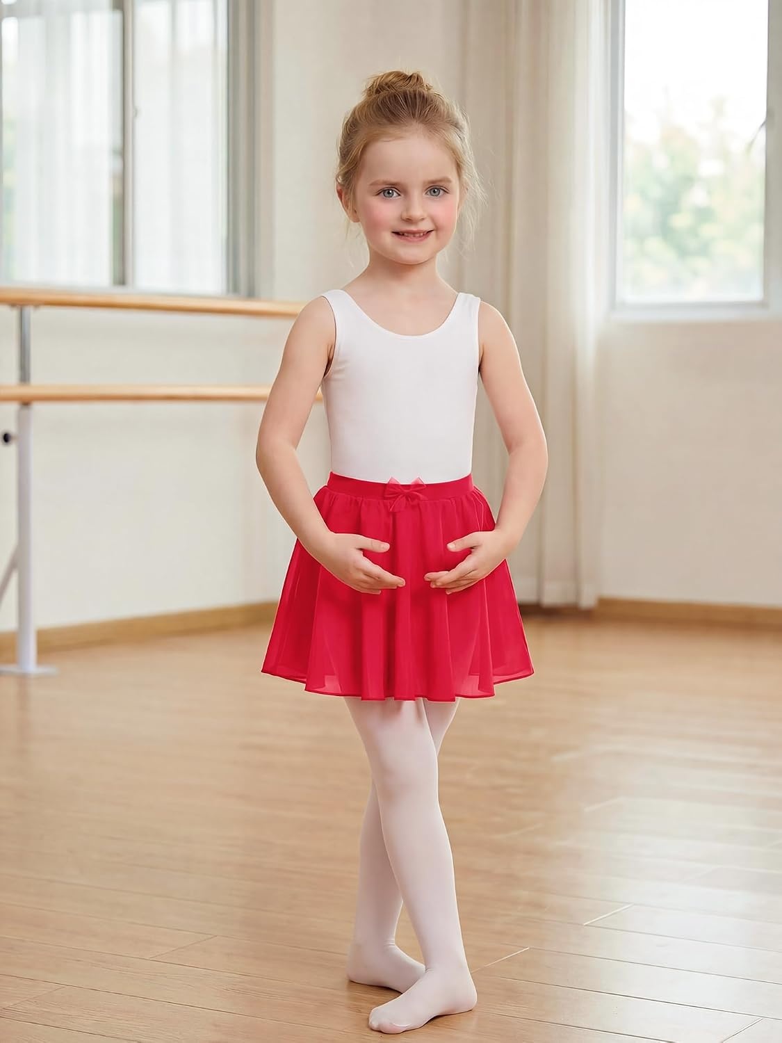 Stelle Girls Ballet Skirt, Chiffon Dance Skirt for Girls with Mesh Bowknot, Elastic Waist Pull-on Skirts for Ballet(Red)