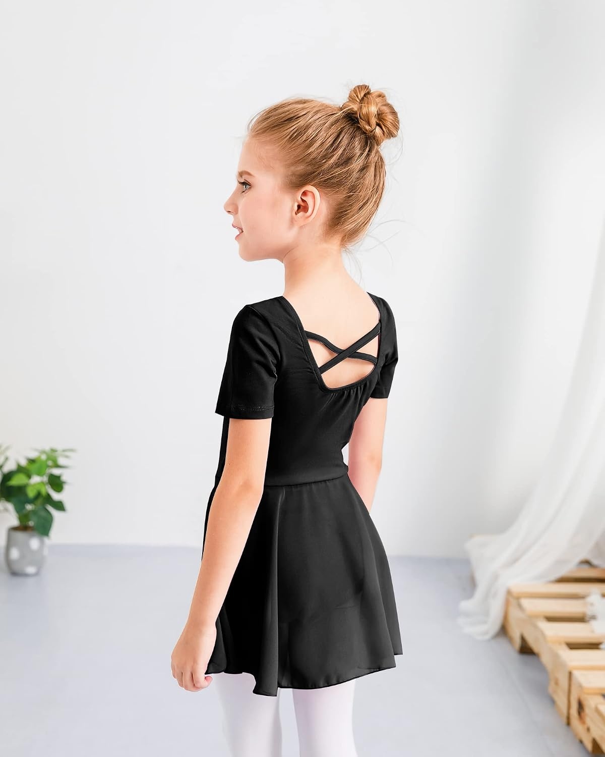 Stelle Ballet Leotards for Girls Toddler Ballet Outfit Dance Leotard Dress | Ballerina Outfit Dress, Criss-Cross & Bow Back, Soft Stretch Fabric, Short Sleeve, Dance Recital, Gymnastics, Performance(Style 1-black(cross Back))