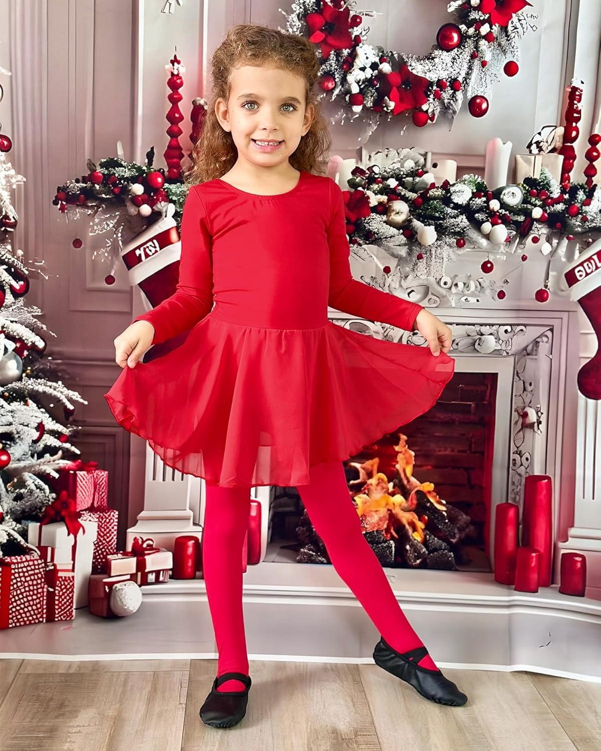 Stelle Ballet Leotards for Girls Long Sleeve Toddler Dance Leotard Outfits with Skirt Classic(Little/Big Kid)(Red)