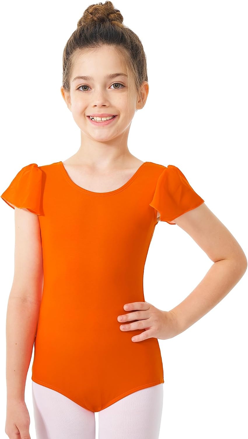 Stelle Girls Ballet Leotard Ruffle Short Sleeve for Dance Gymnastics(Orange)