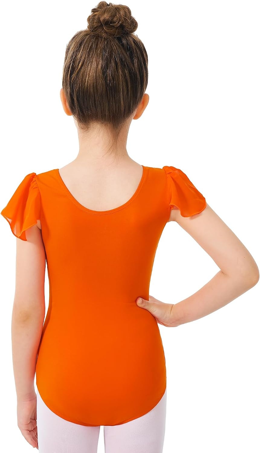 Stelle Girls Ballet Leotard Ruffle Short Sleeve for Dance Gymnastics(Orange)
