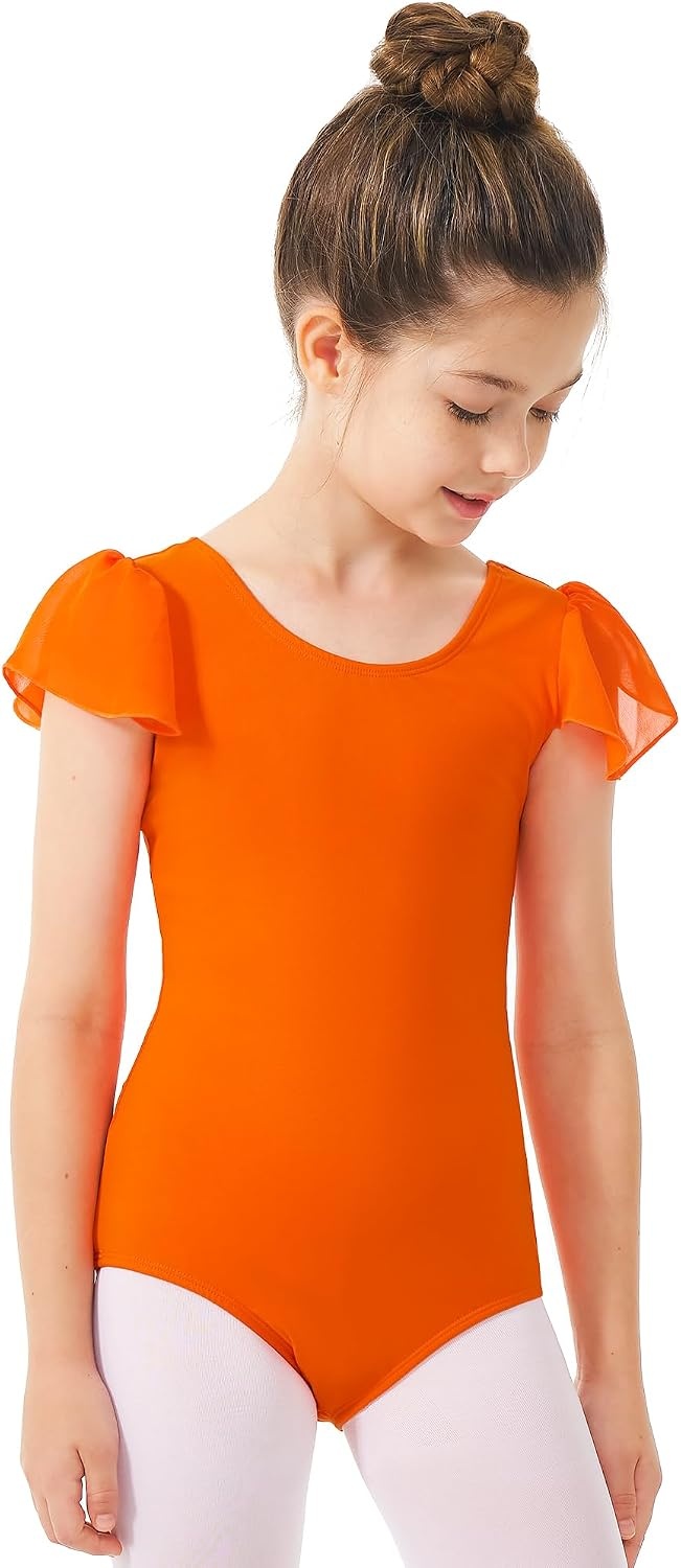 Stelle Girls Ballet Leotard Ruffle Short Sleeve for Dance Gymnastics(Orange)