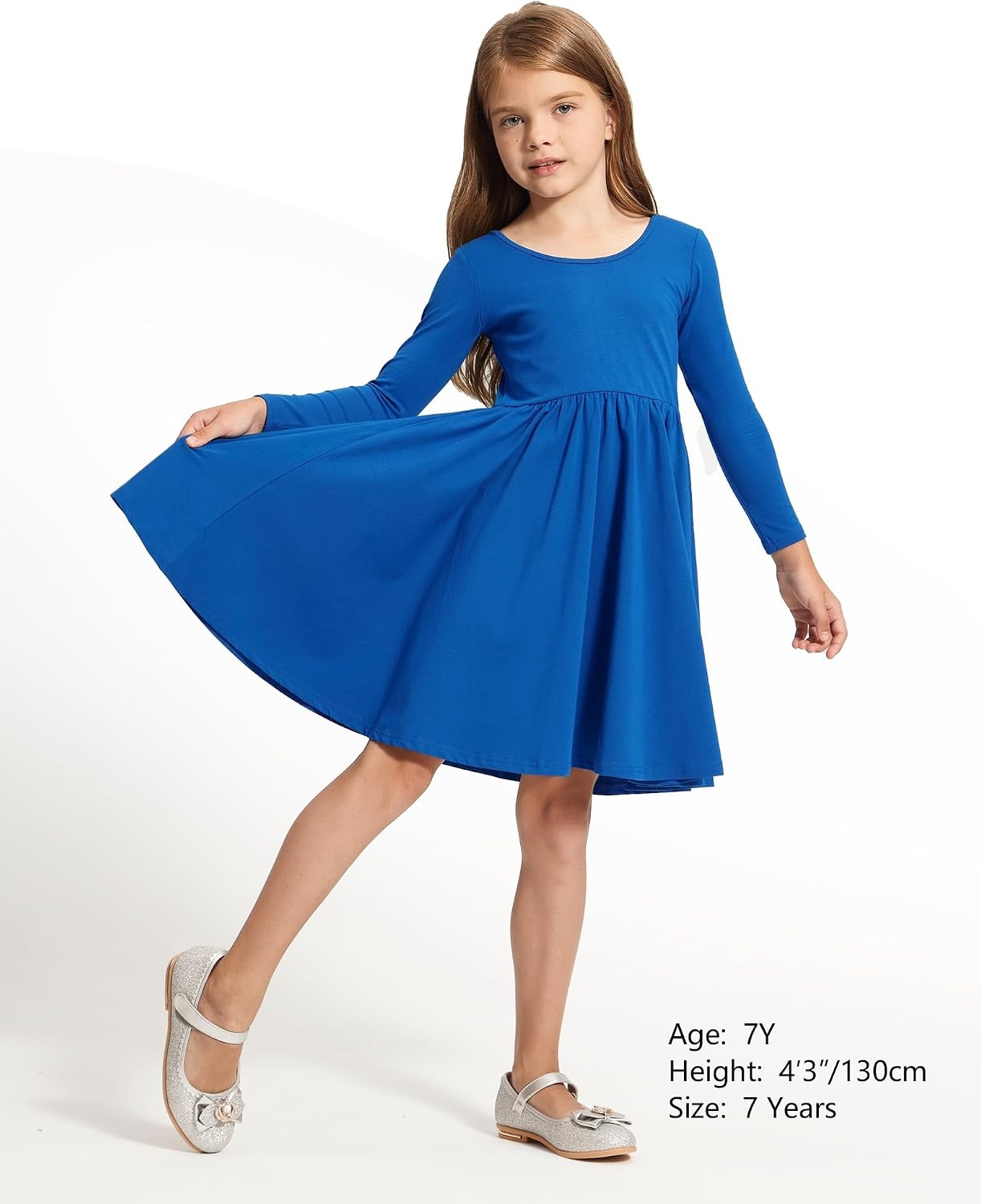 Stelle Girls Cotton Long Sleeve Dress Twirl Skater Dress 3-12Y | Criss Cross Back,A Line,Crew Neck,Cotton Dress for Tie Dye School Dance Casual Birthday Christmas Easter Spring Fall Winter(Blue)