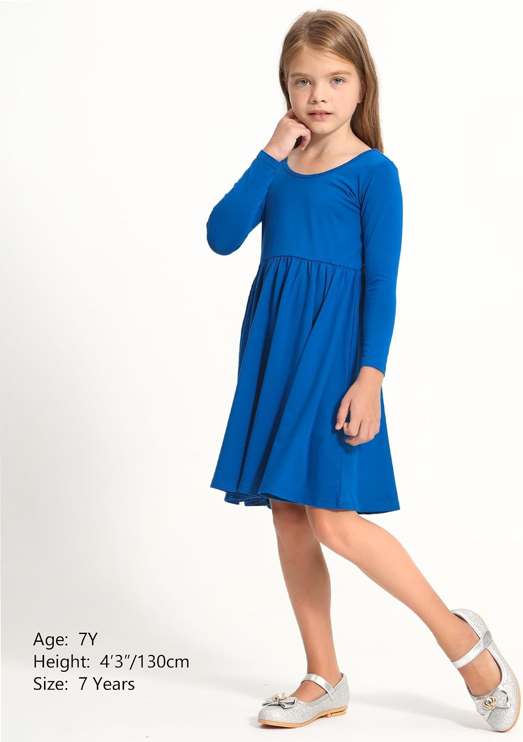Stelle Girls Cotton Long Sleeve Dress Twirl Skater Dress 3-12Y | Criss Cross Back,A Line,Crew Neck,Cotton Dress for Tie Dye School Dance Casual Birthday Christmas Easter Spring Fall Winter(Blue)