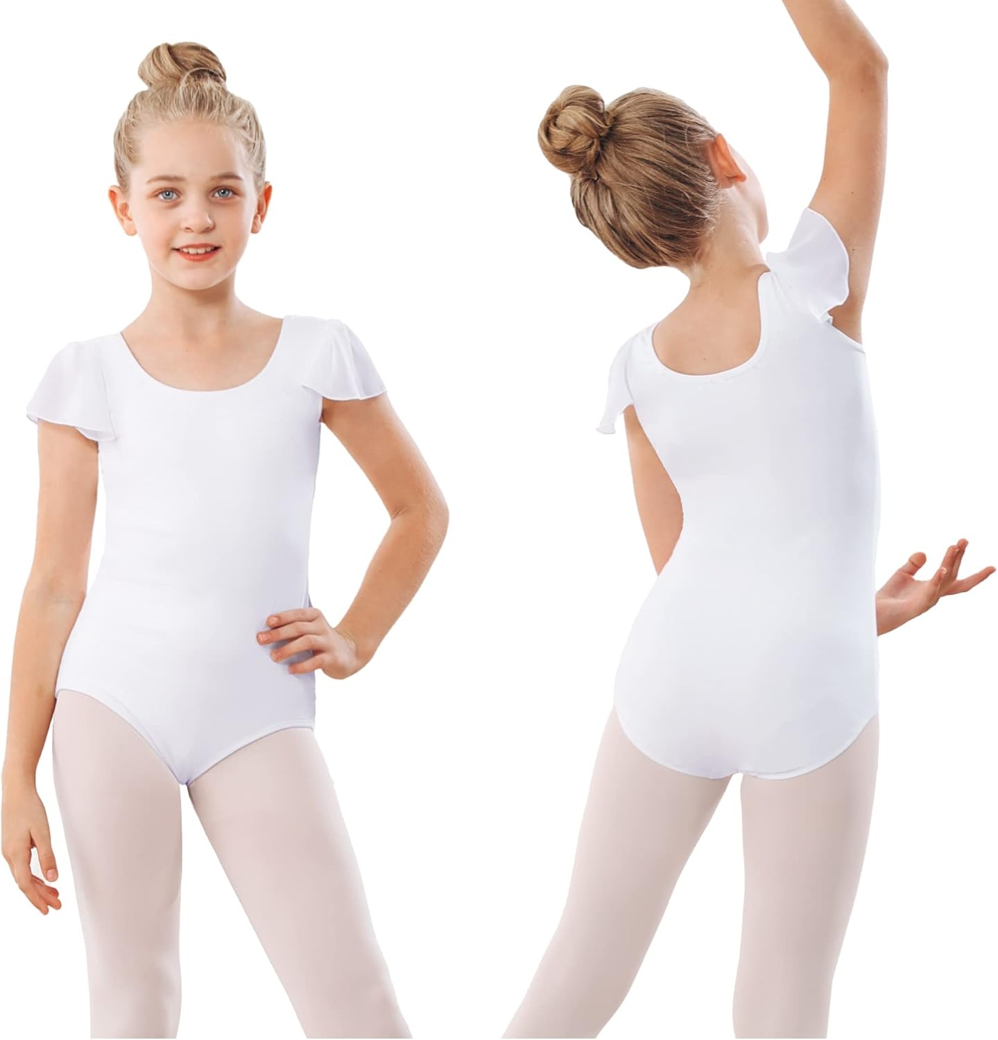 Stelle Girls Leotards Black Ballet Dance Leotards Ruffle Short Sleeve Gymnastics Outfits(Toddler/Little Kid/Big Kid)(White)