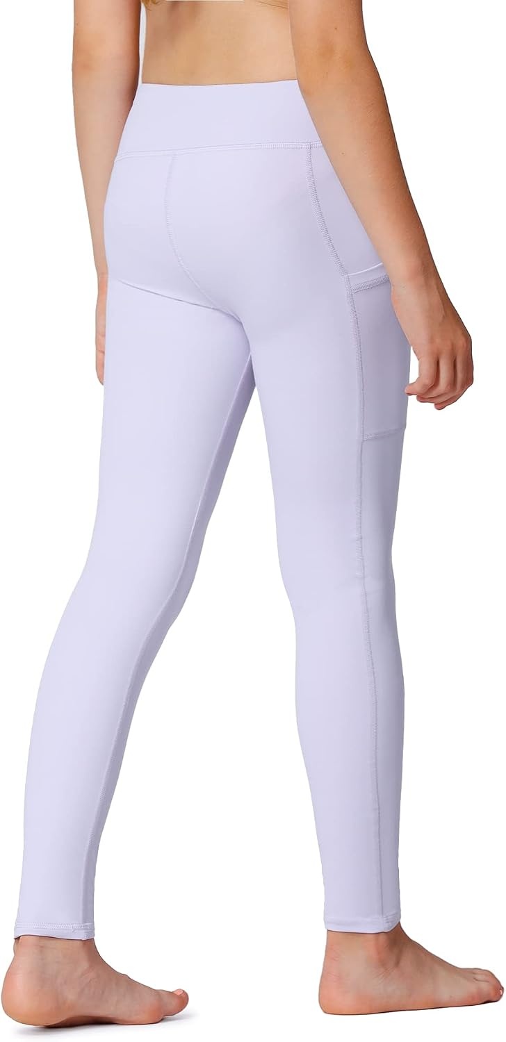 Stelle Girls Leggings with Pockets Kids Dance Yoga Running Athletic Pants | Soft 4-Way Stretch,High-Rise Wide Waistband,Side Pockets,Moisture-Wicking,Non-See-Through for Dance,Yoga,Running,Daily Wear(Lavender (2 Side Pocket))