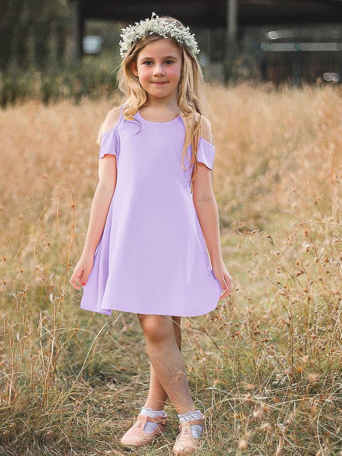 Stelle Girls Cotton Short Sleeve Twirl Skater Dress 3T-12Y | Twirl-Friendly Skirt, A Line,Criss Cross Back,Dress for School,Dance,Playwear,Casual,Active,Soft Stretch Breathable Comfy(Cd001-lavender-cold Shoulder)