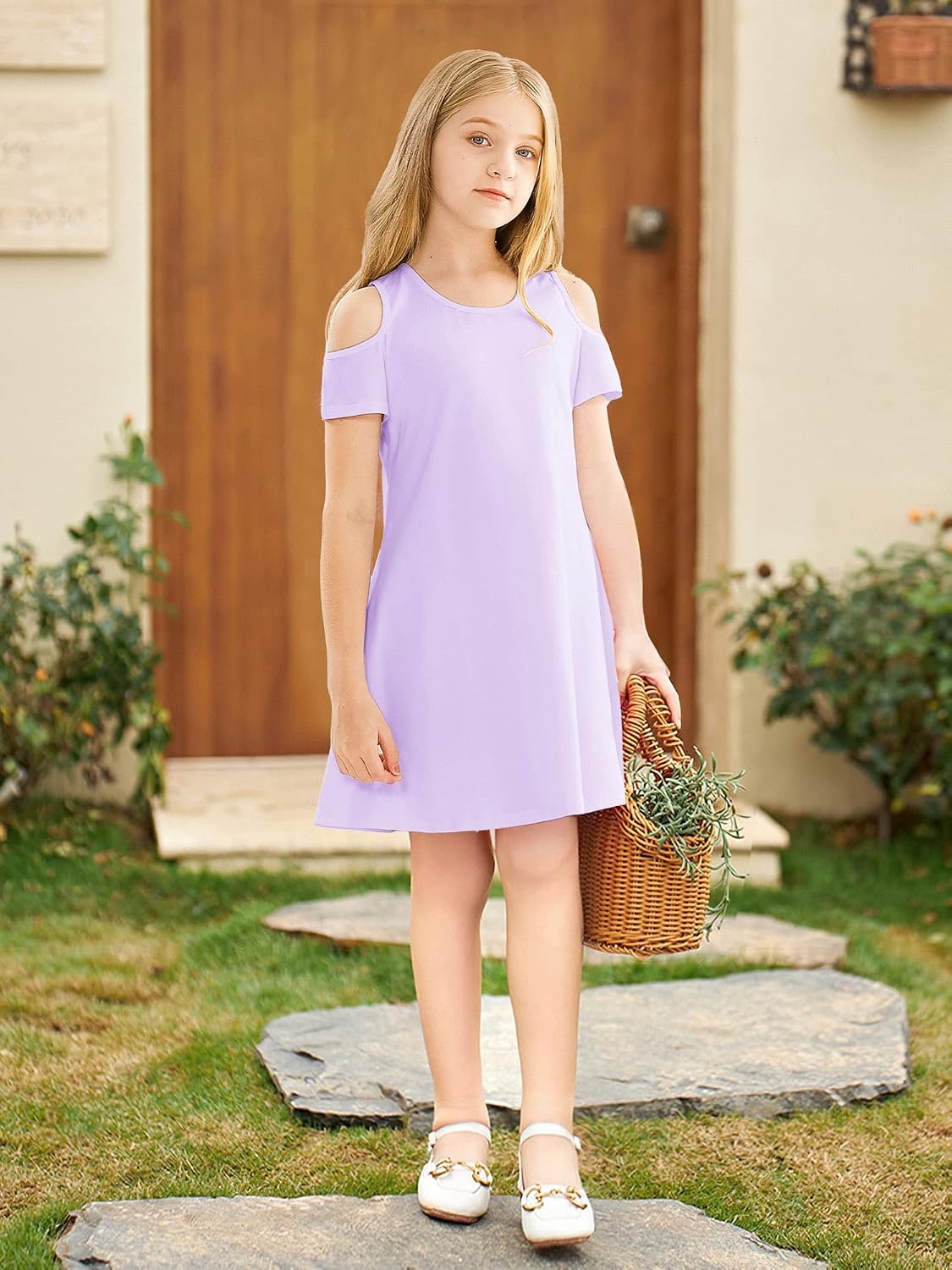 Stelle Girls Cotton Short Sleeve Twirl Skater Dress 3T-12Y | Twirl-Friendly Skirt, A Line,Criss Cross Back,Dress for School,Dance,Playwear,Casual,Active,Soft Stretch Breathable Comfy(Cd001-lavender-cold Shoulder)