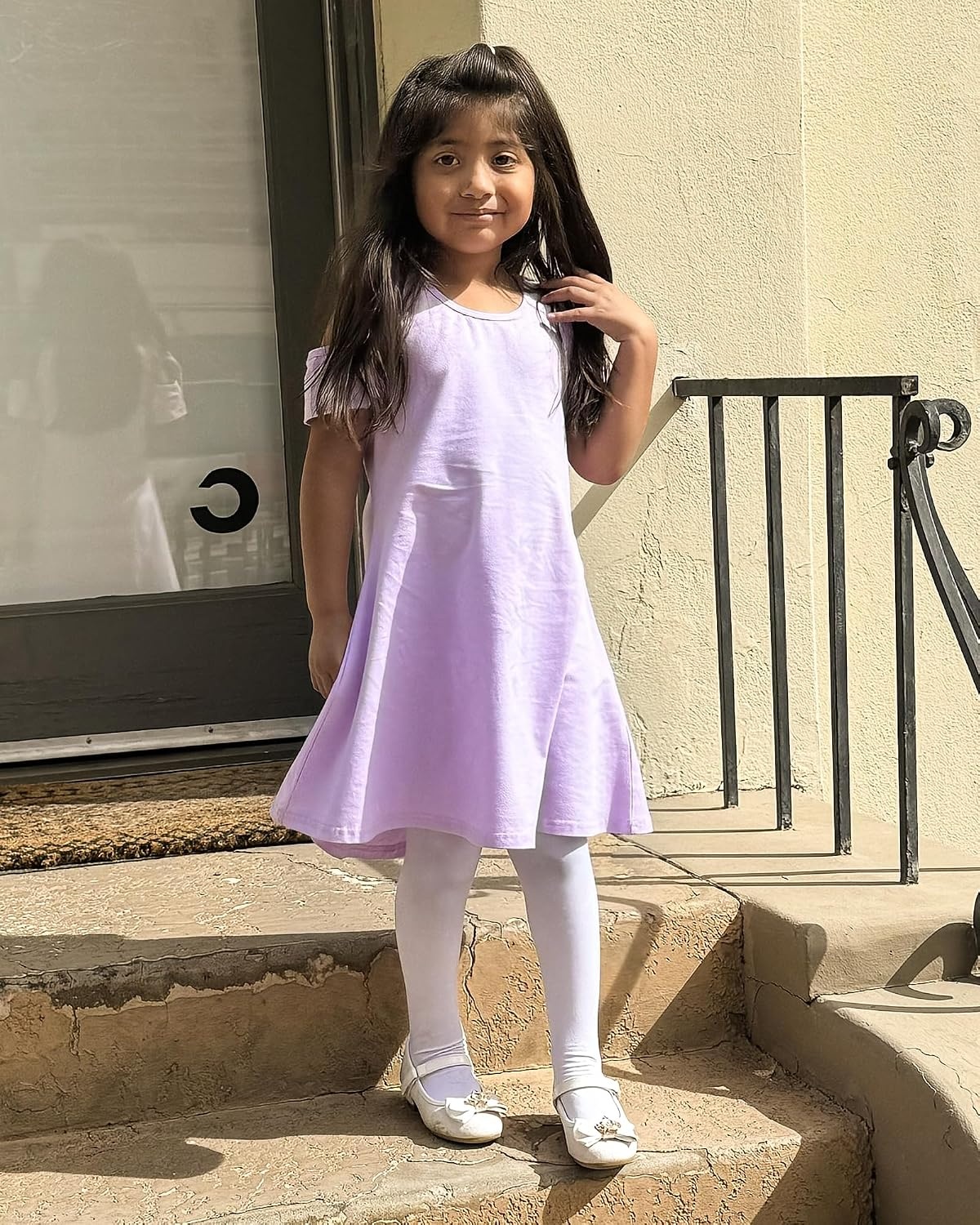 Stelle Girls Cotton Short Sleeve Twirl Skater Dress 3T-12Y | Twirl-Friendly Skirt, A Line,Criss Cross Back,Dress for School,Dance,Playwear,Casual,Active,Soft Stretch Breathable Comfy(Cd001-lavender-cold Shoulder)