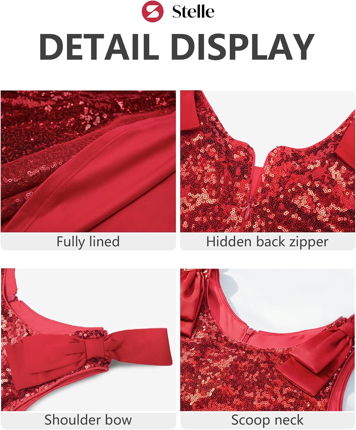 Stelle Girls Sequin Dress Sleeveless A-Line Sparkly Dresses 5-15 Y | Bow on Shoulder, Zipper Back,Fully Lining,Scoop Neck,Twirly,Birthday Formal Party Fancy Graduation Wedding Christmas Holiday(Red)