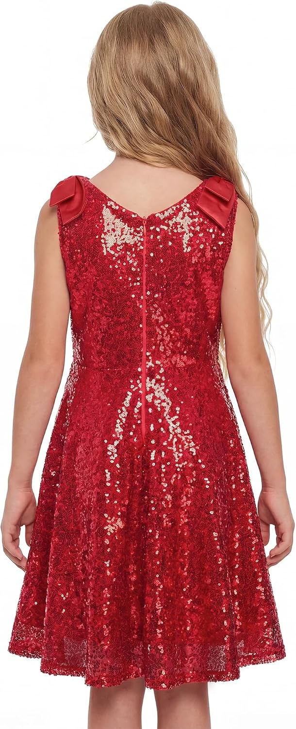 Stelle Girls Sequin Dress Sleeveless A-Line Sparkly Dresses 5-15 Y | Bow on Shoulder, Zipper Back,Fully Lining,Scoop Neck,Twirly,Birthday Formal Party Fancy Graduation Wedding Christmas Holiday(Red)