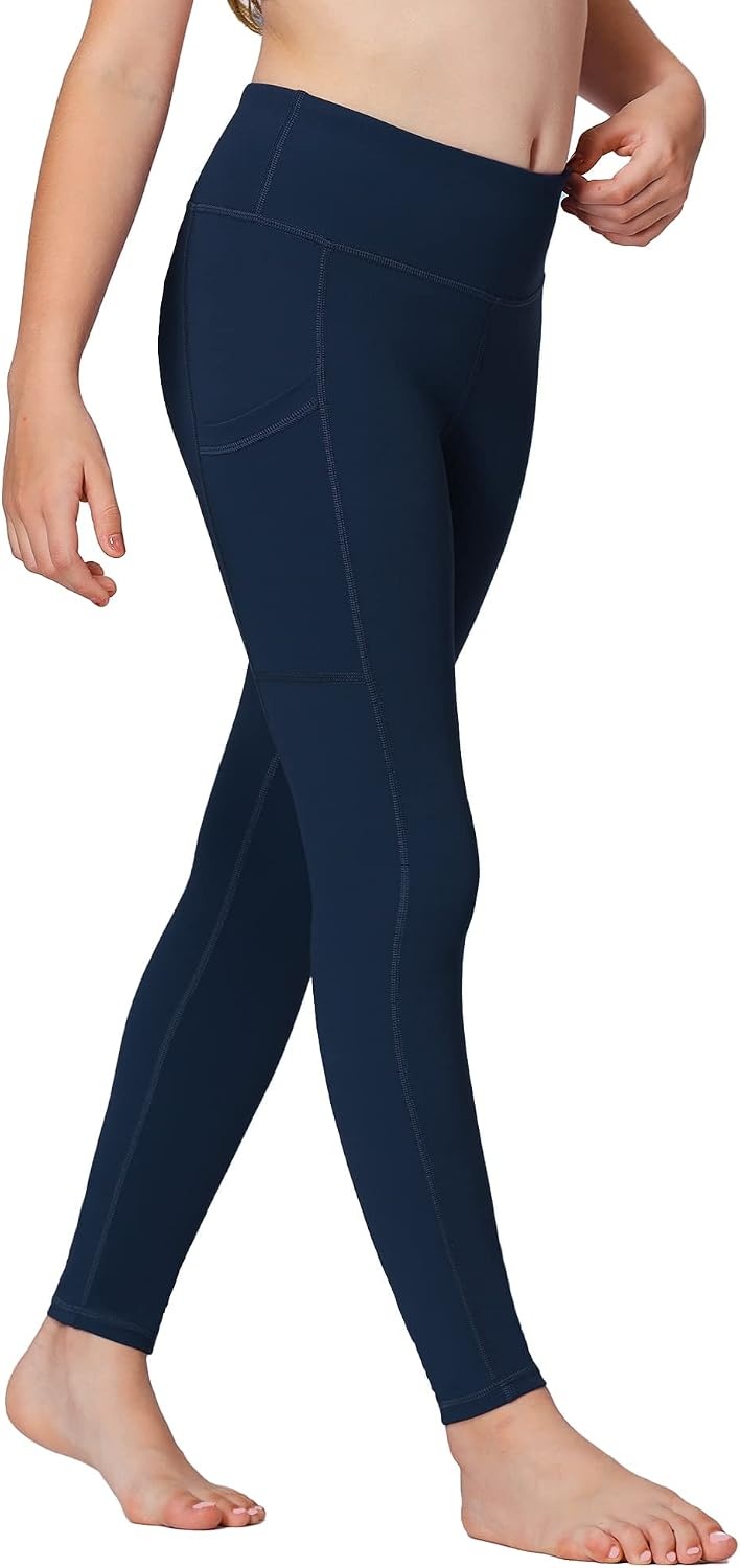 Stelle Girls Leggings with Pockets Kids Dance Yoga Running Athletic Pants | Soft 4-Way Stretch,High-Rise Wide Waistband,Side Pockets,Moisture-Wicking,Non-See-Through for Dance,Yoga,Running,Daily Wear(Navy (2 Side Pocket))
