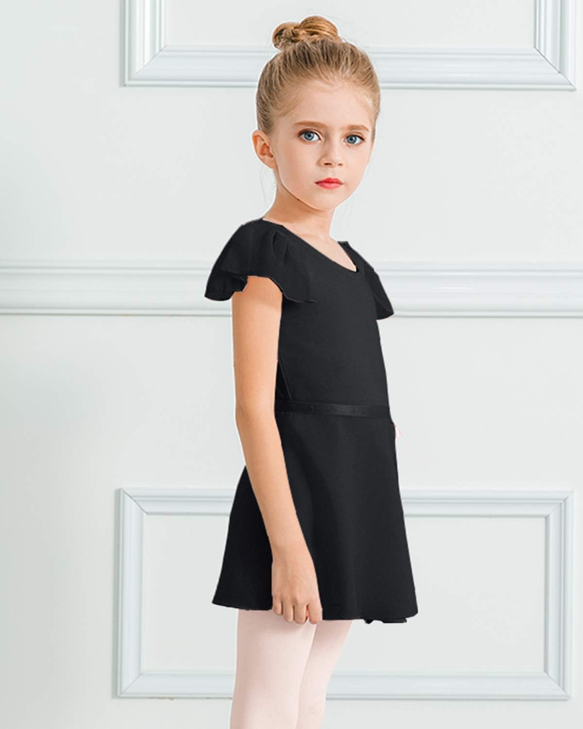 Stelle Girls Ballet Leotards Toddler Dance Combo with Skirt and Tights | Crew neck, Removable ballet skirt, Durable footed tights, Fully lined front, High elasticity & durable, Breathable(3-black (Ruffle Sleeve))