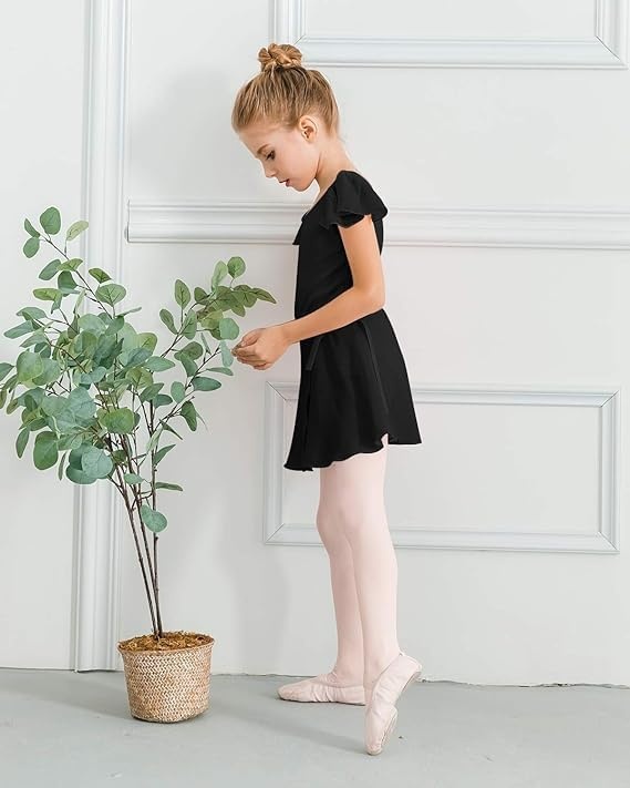 Stelle Girls Ballet Leotards Toddler Dance Combo with Skirt and Tights | Crew neck, Removable ballet skirt, Durable footed tights, Fully lined front, High elasticity & durable, Breathable(3-black (Ruffle Sleeve))