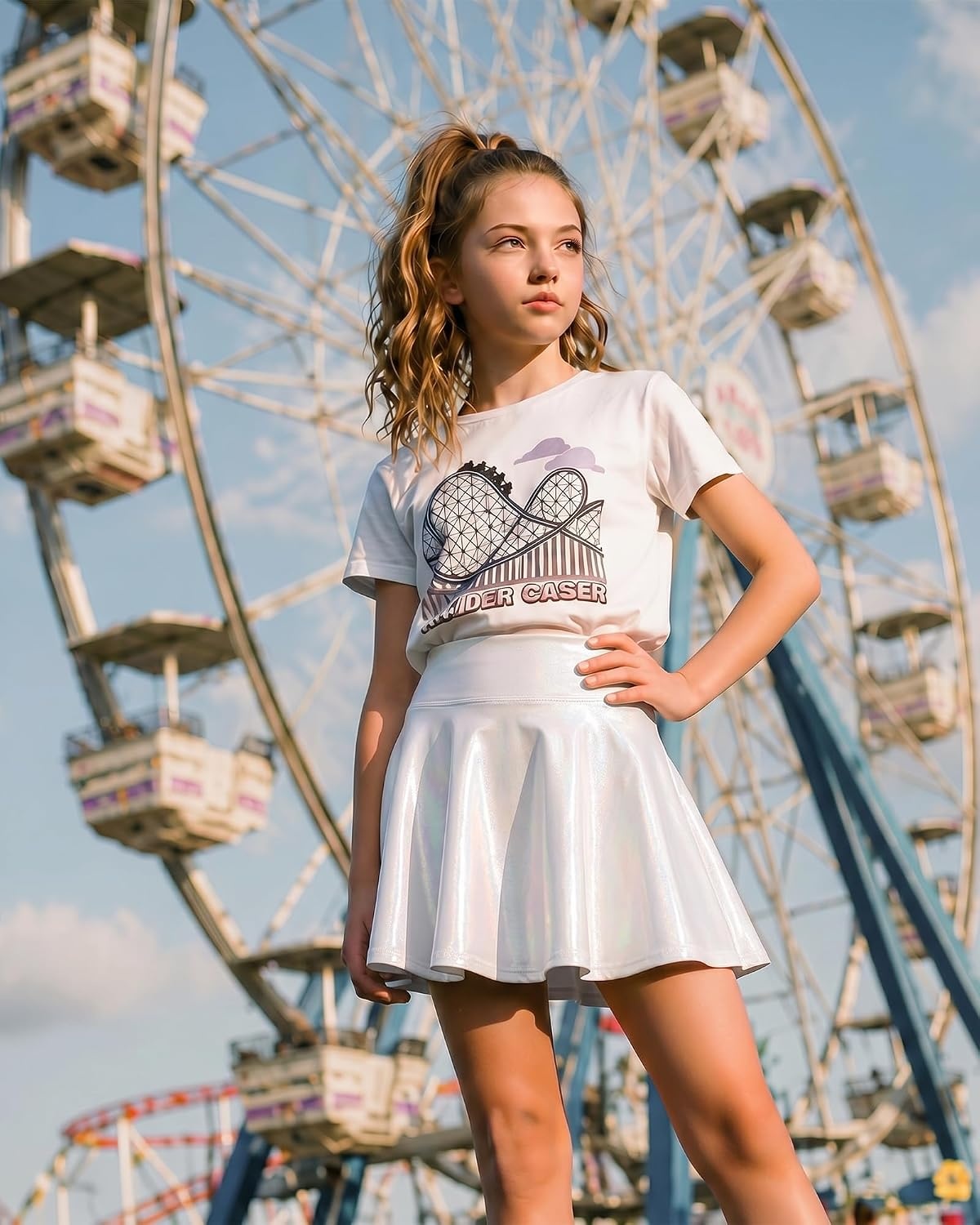 Stelle Girls Metallic Skirt with Short High Waisted Skort 6-15 Years | Sparkly Shiny, Stretchy Comfortable, Cheer, Dancewear, Birthday Party, Kids, Youth,Skater Style, School Events,Tennis Court(White)