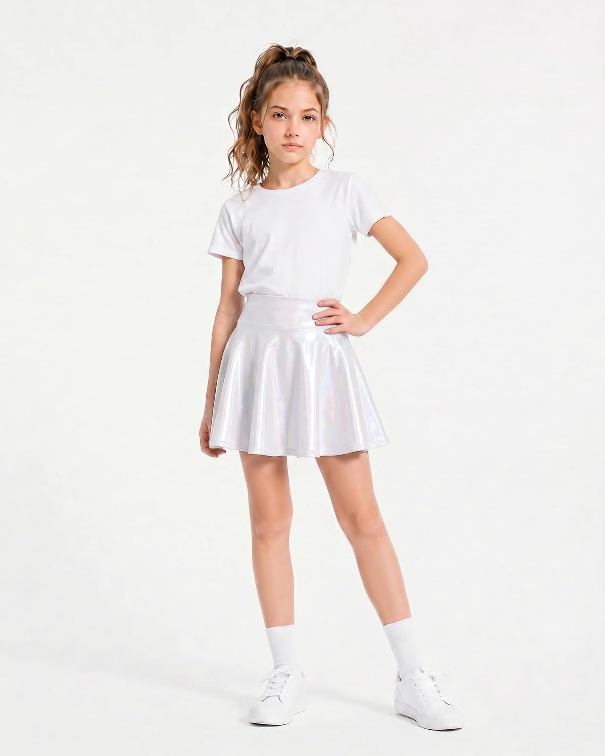 Stelle Girls Metallic Skirt with Short High Waisted Skort 6-15 Years | Sparkly Shiny, Stretchy Comfortable, Cheer, Dancewear, Birthday Party, Kids, Youth,Skater Style, School Events,Tennis Court(White)