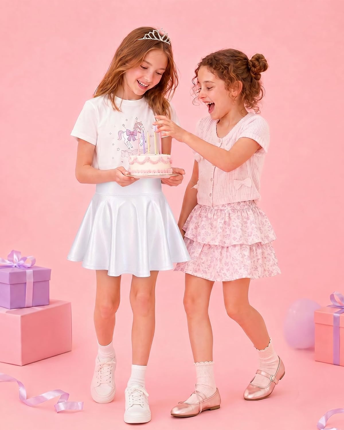 Stelle Girls Metallic Skirt with Short High Waisted Skort 6-15 Years | Sparkly Shiny, Stretchy Comfortable, Cheer, Dancewear, Birthday Party, Kids, Youth,Skater Style, School Events,Tennis Court(White)